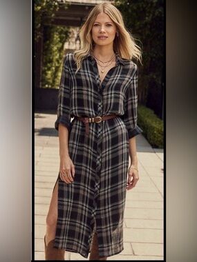 Cloth & Stone Black/white/beige Plaid Button-Front Shirt Dress
